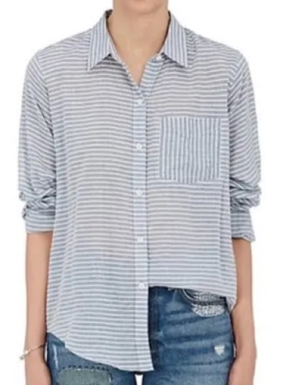 Current/Elliott The Boyfriend Shirt Striped Cotton Gray Neutral Size Small